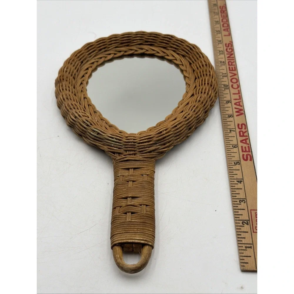 Retro Woven Wicker Rattan Vanity Bohemian Hand Held Mirror Tan